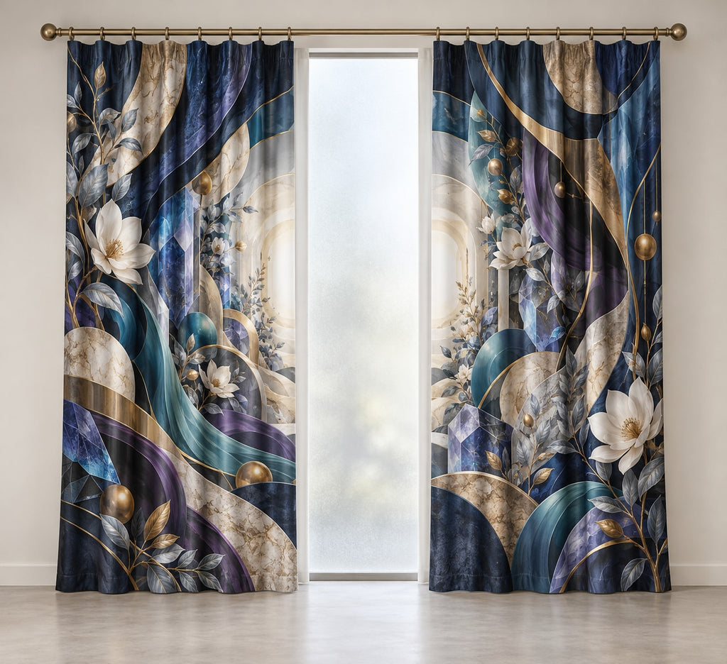 Spatial Prism Atelier Window Curtain Pair with dimensional printed themed artwork; representative AI-generated mockup.
