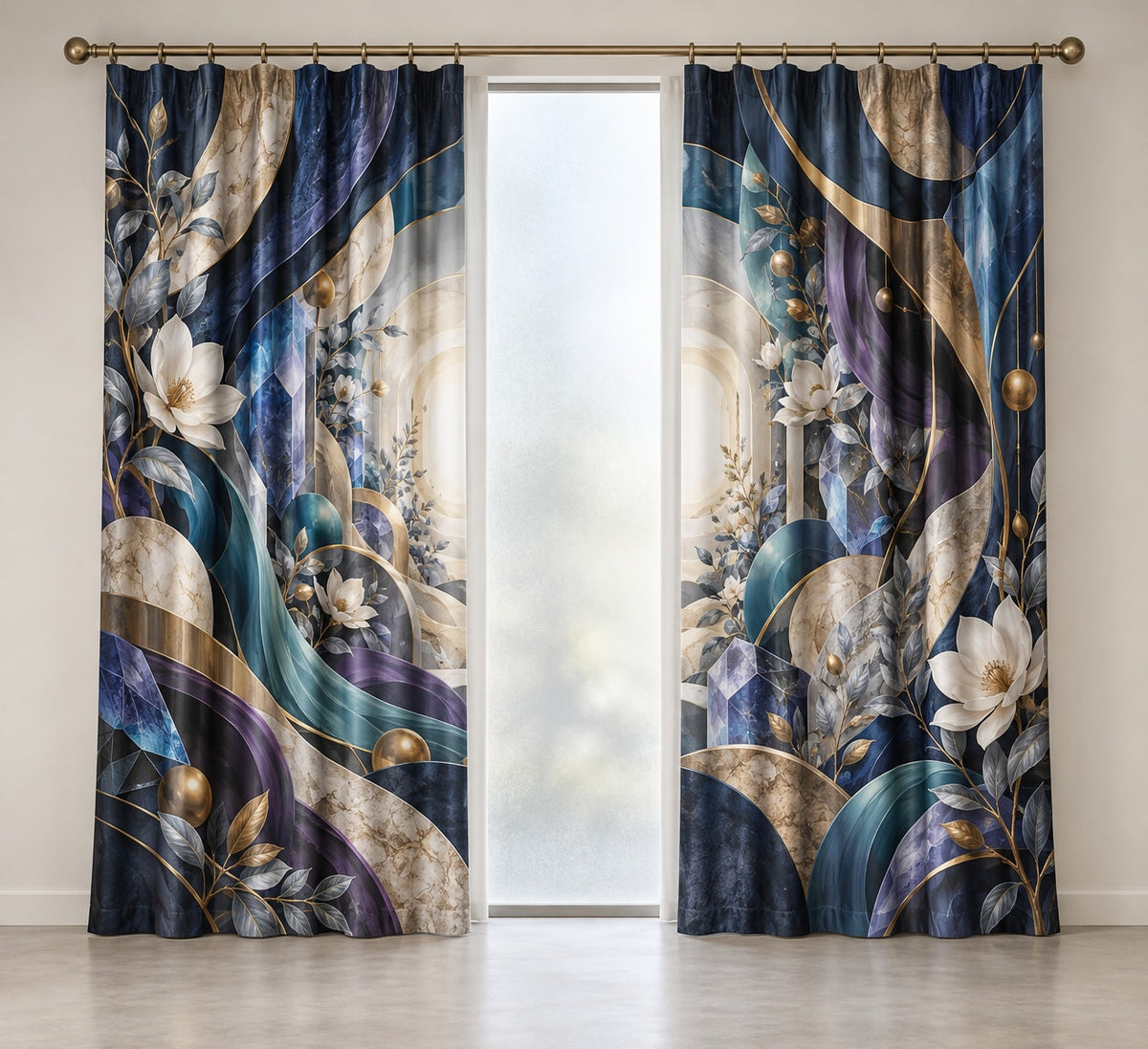 Spatial Prism Atelier Window Curtain Pair with dimensional printed themed artwork; representative AI-generated mockup.