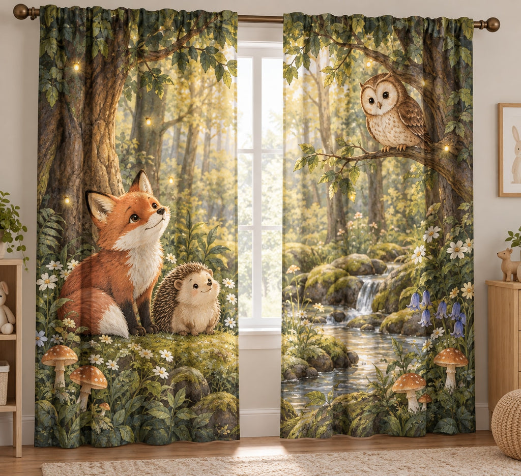 Original Storybook Animals Window Curtain Pair with dimensional printed themed artwork; representative AI-generated mockup.