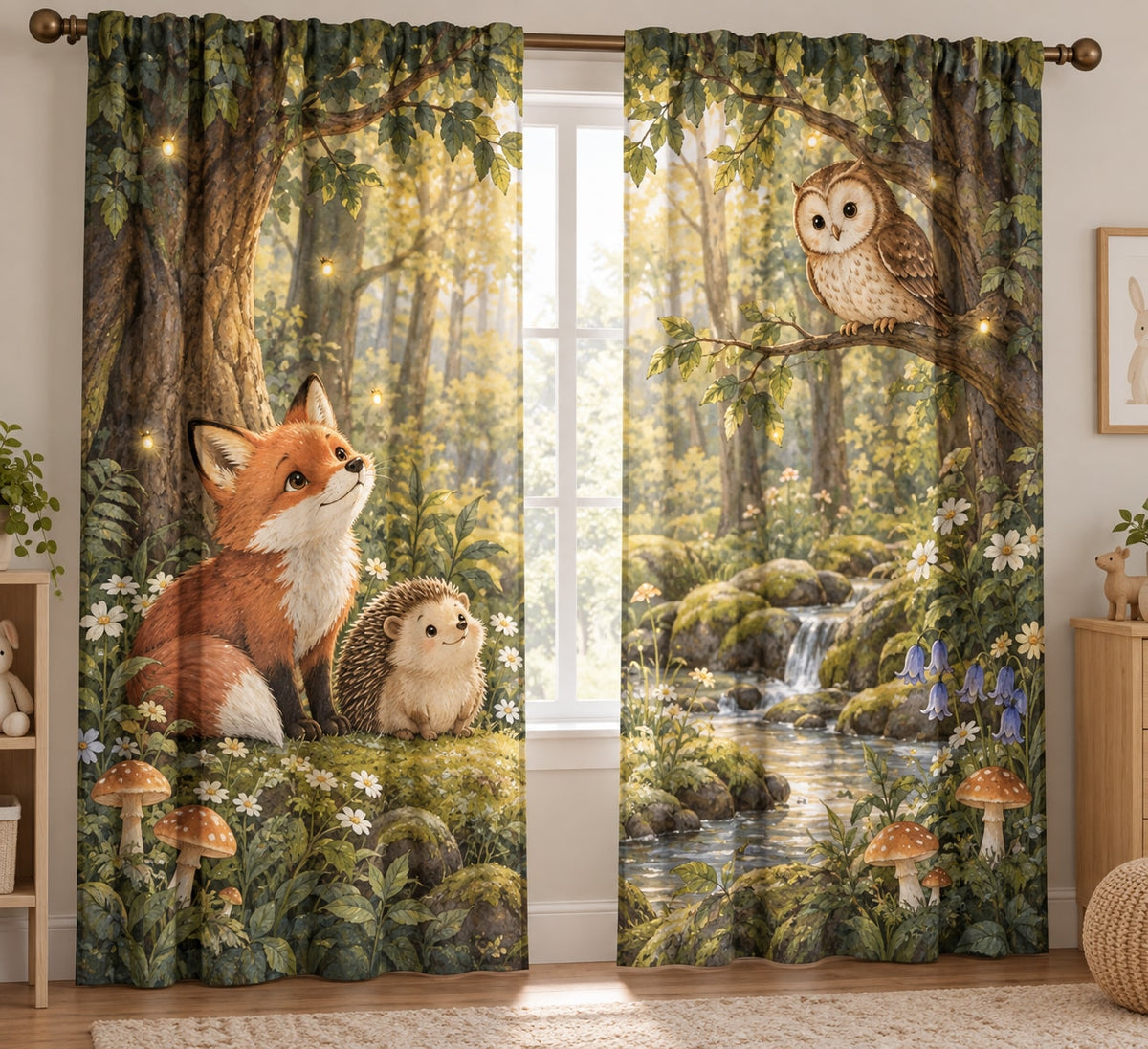 Original Storybook Animals Window Curtain Pair with dimensional printed themed artwork; representative AI-generated mockup.
