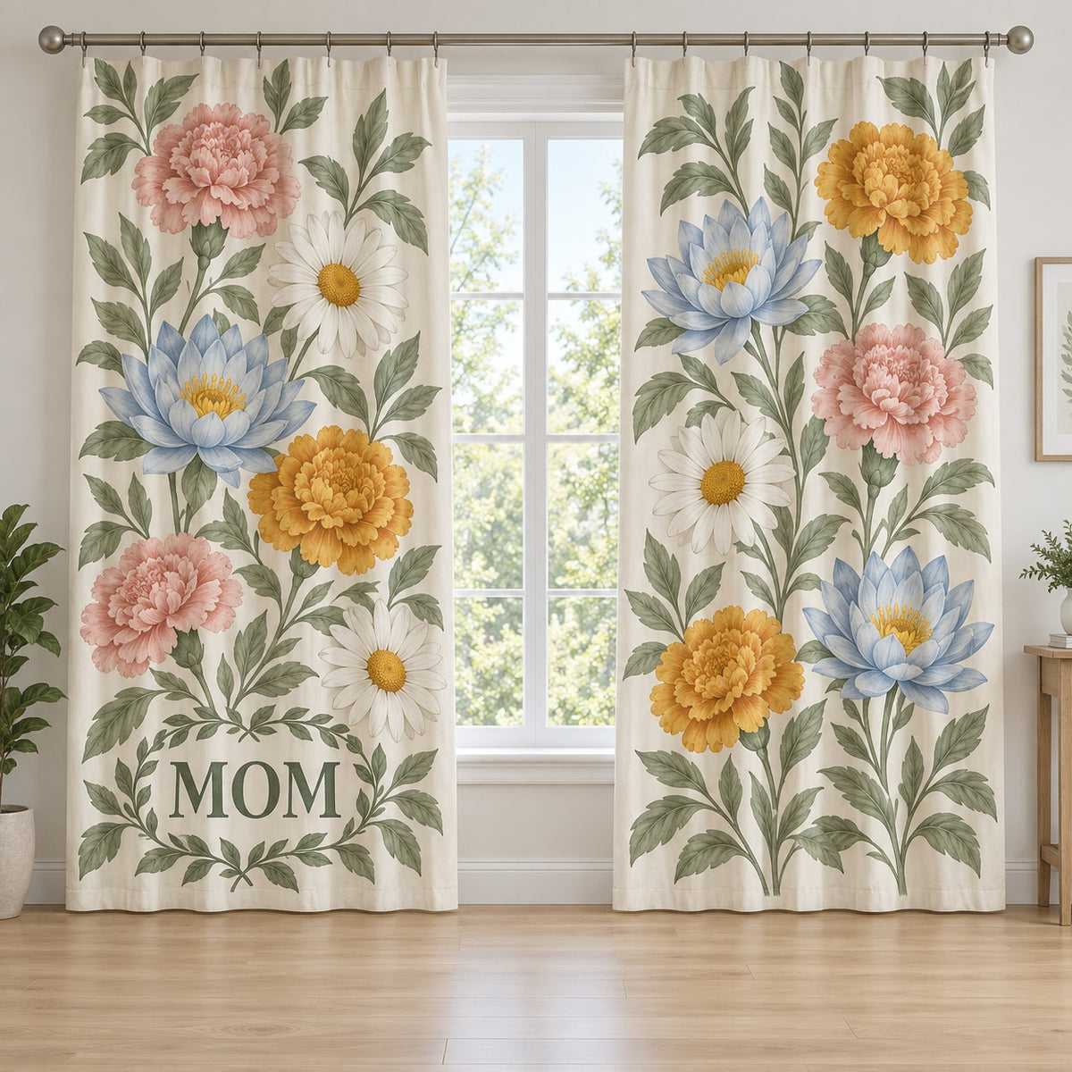 Mother Family Birth Flowers Window Curtain Pair with dimensional printed themed artwork; representative AI-generated mockup.