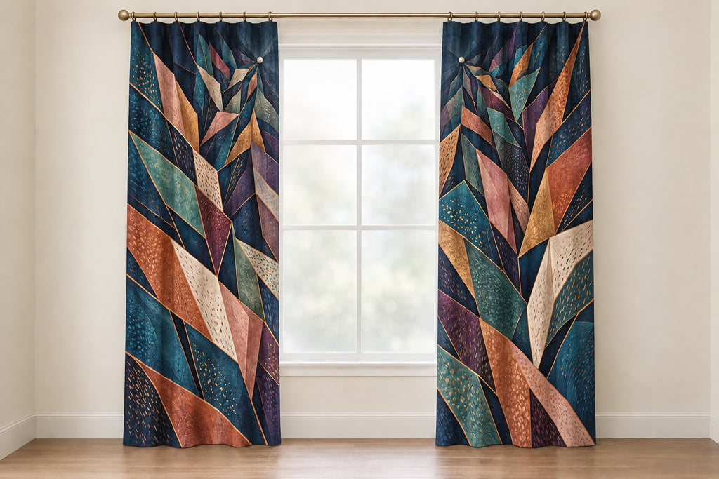 Threadlight Bloomrift Window Curtain Pair with dimensional printed themed artwork; representative AI-generated mockup.