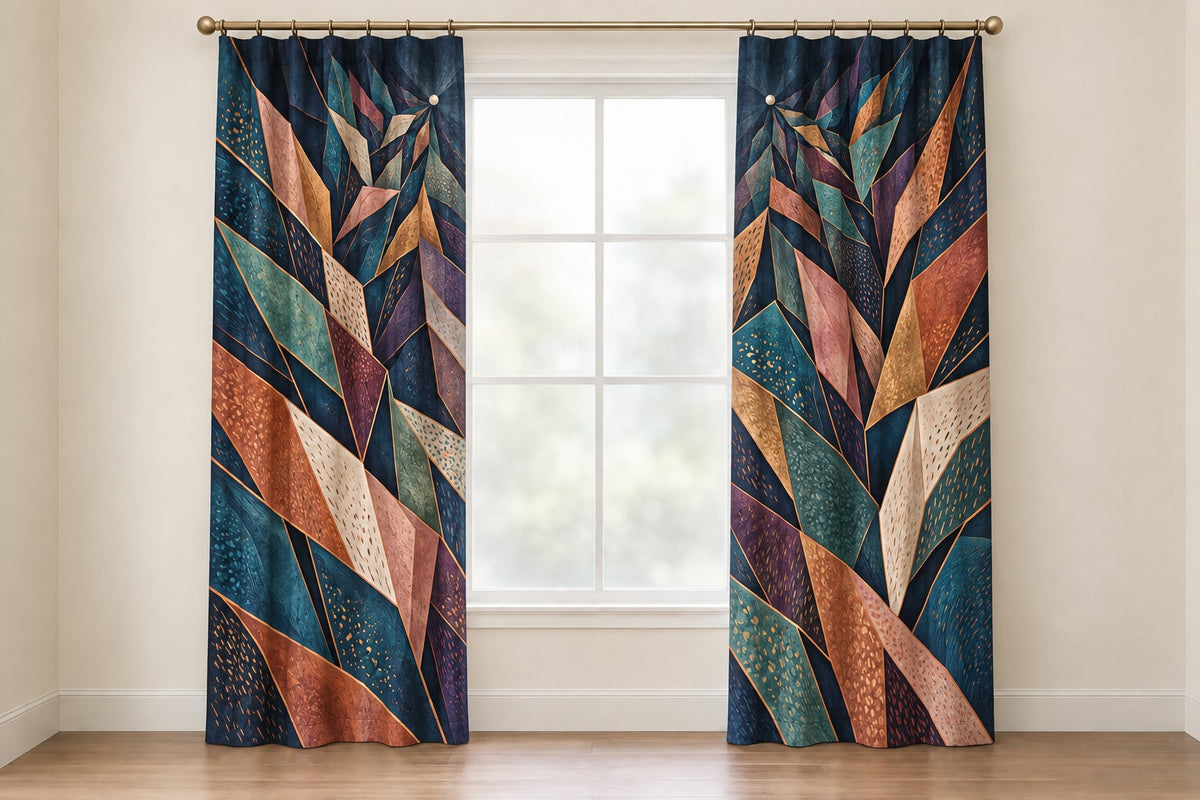 Threadlight Bloomrift Window Curtain Pair with dimensional printed themed artwork; representative AI-generated mockup.