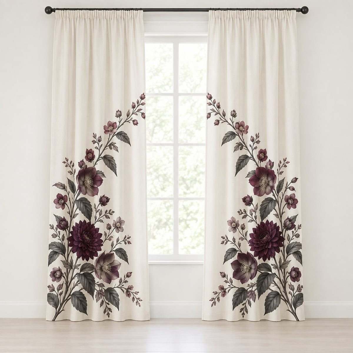 Gothic Botanical Wedding Window Curtain Pair with dimensional printed themed artwork; representative AI-generated mockup.