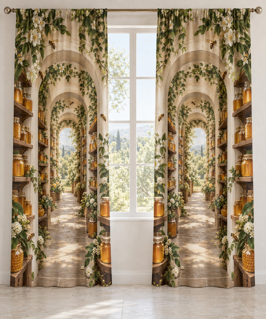 Honey Harvest Pantry Window Curtain Pair with dimensional printed themed artwork; representative AI-generated mockup.