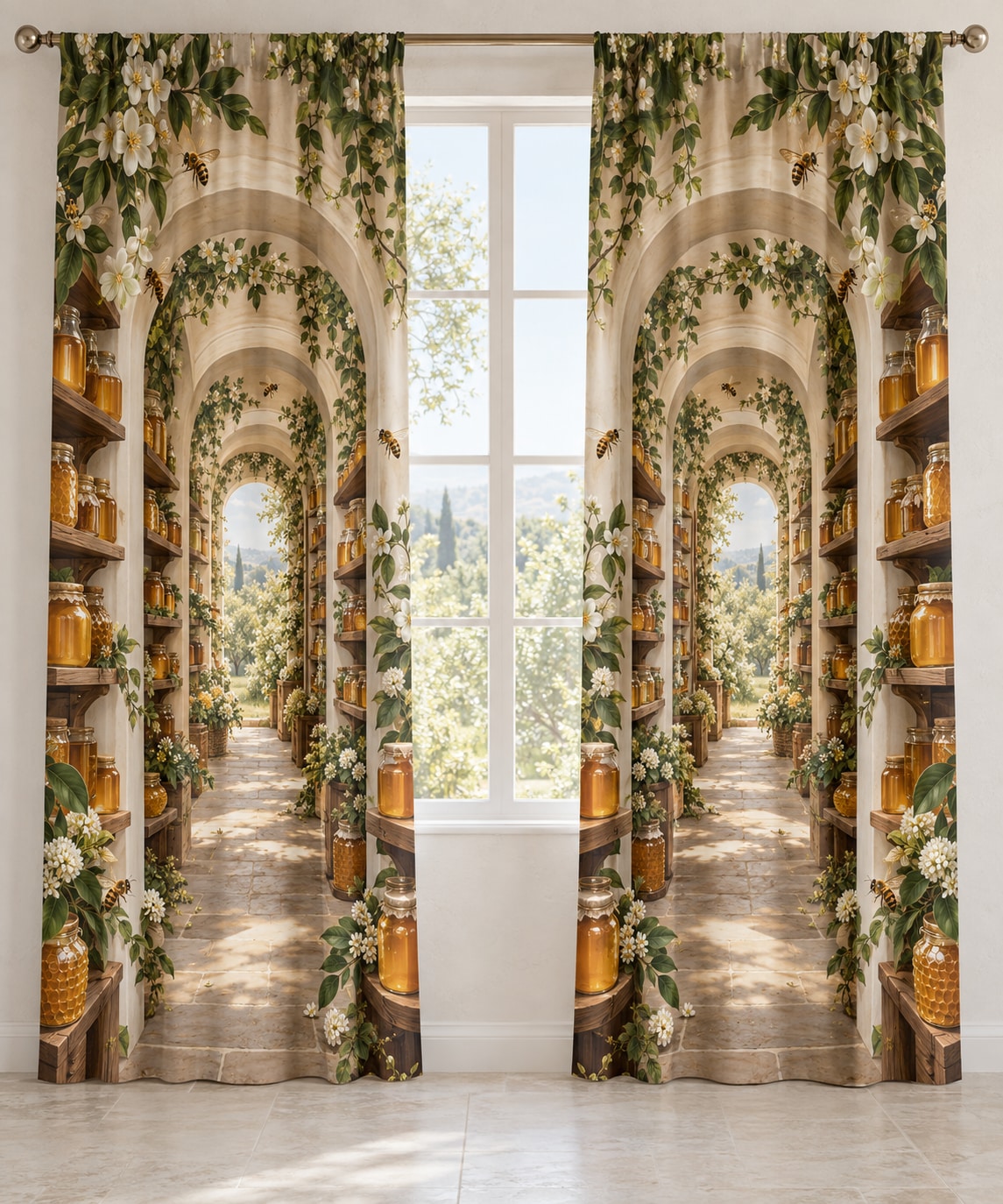 Honey Harvest Pantry Window Curtain Pair with dimensional printed themed artwork; representative AI-generated mockup.