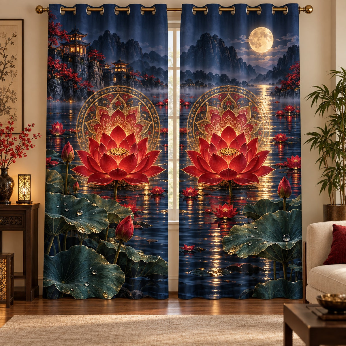 Red Lotus Mandala Window Curtain Pair with dimensional printed themed artwork; representative AI-generated mockup.