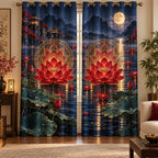 Red Lotus Mandala Window Curtain Pair with dimensional printed themed artwork; representative AI-generated mockup.