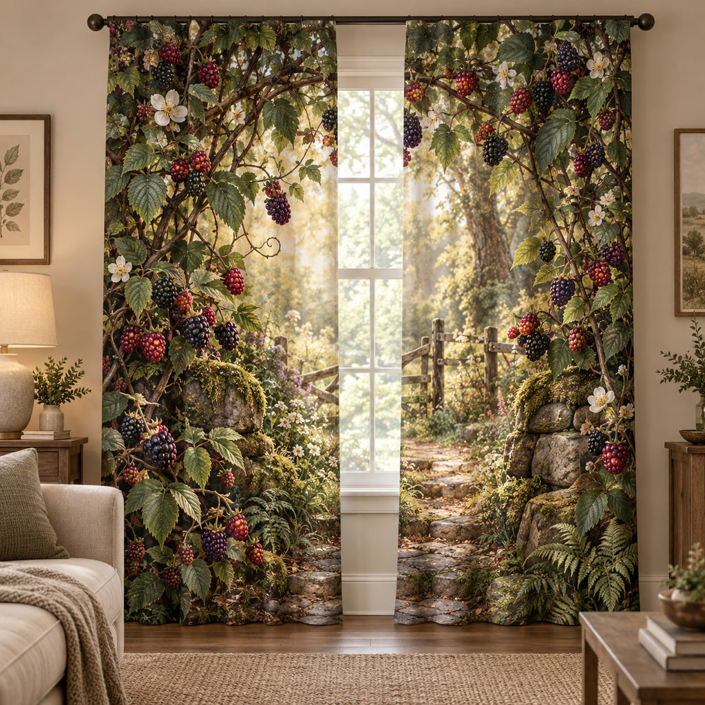 Wild Berry Bramble Window Curtain Pair with dimensional printed themed artwork; representative AI-generated mockup.