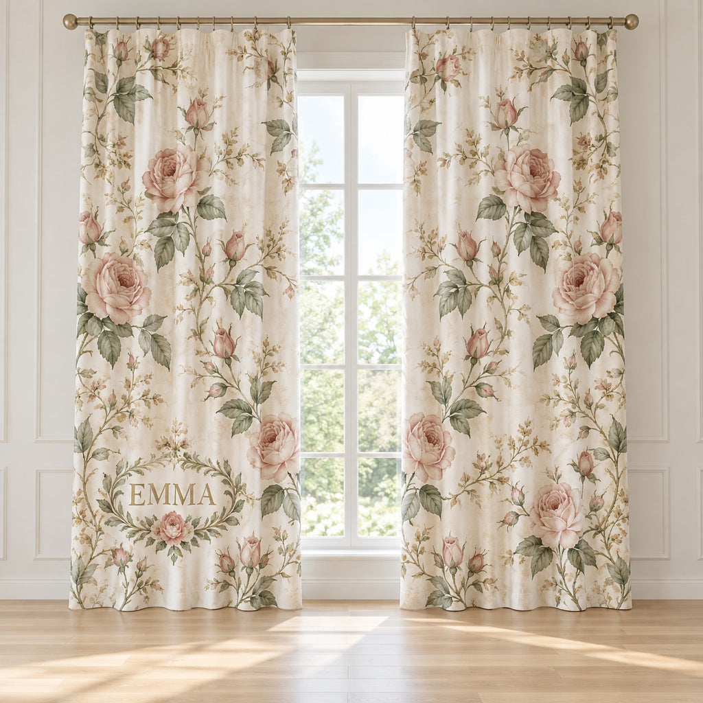 Single Name Birth Flower Window Curtain Pair with dimensional printed themed artwork; representative AI-generated mockup.