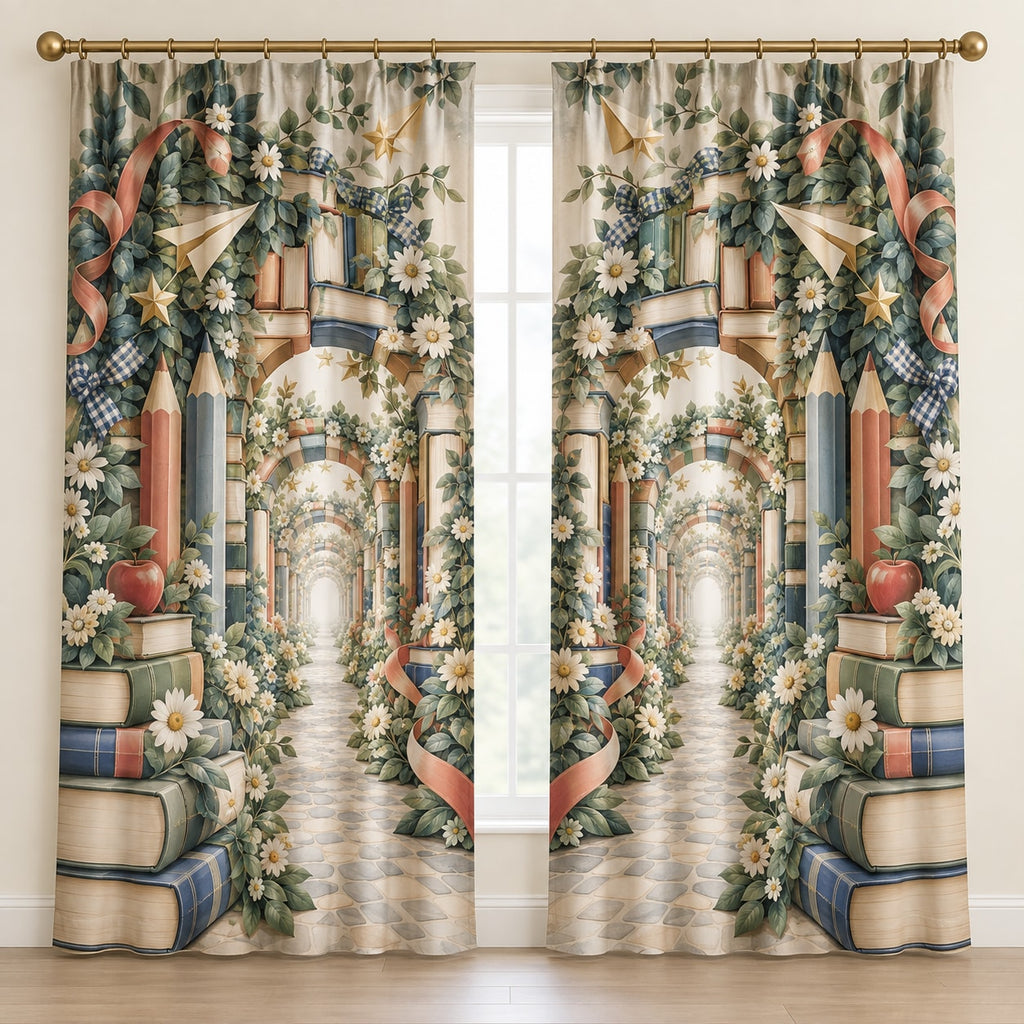 Elementary Learning Garden Window Curtain Pair with dimensional printed themed artwork; representative AI-generated mockup.