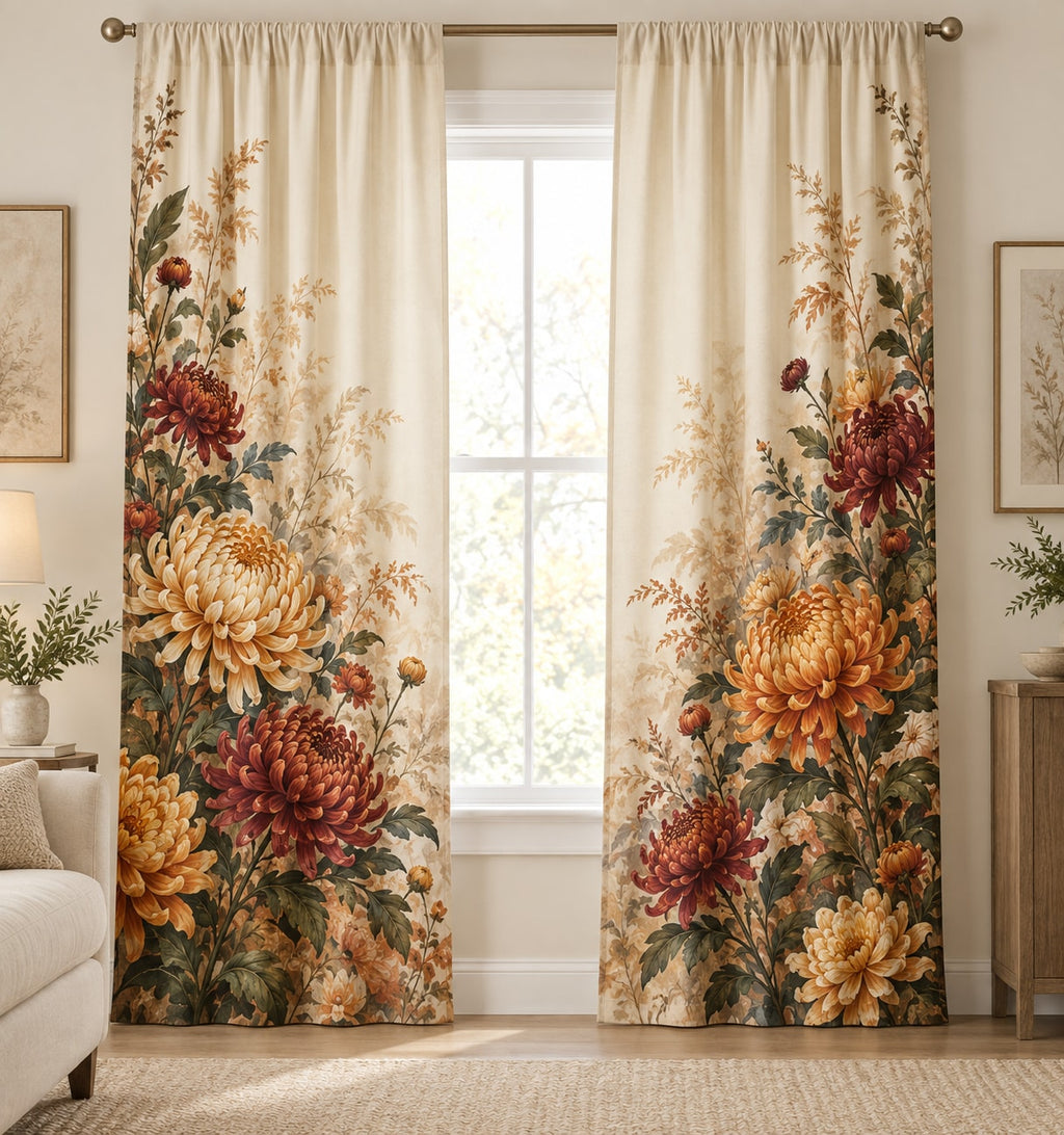 Chrysanthemum Autumn Garden Window Curtain Pair with dimensional printed themed artwork; representative AI-generated mockup.