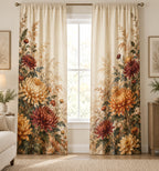 Chrysanthemum Autumn Garden Window Curtain Pair with dimensional printed themed artwork; representative AI-generated mockup.