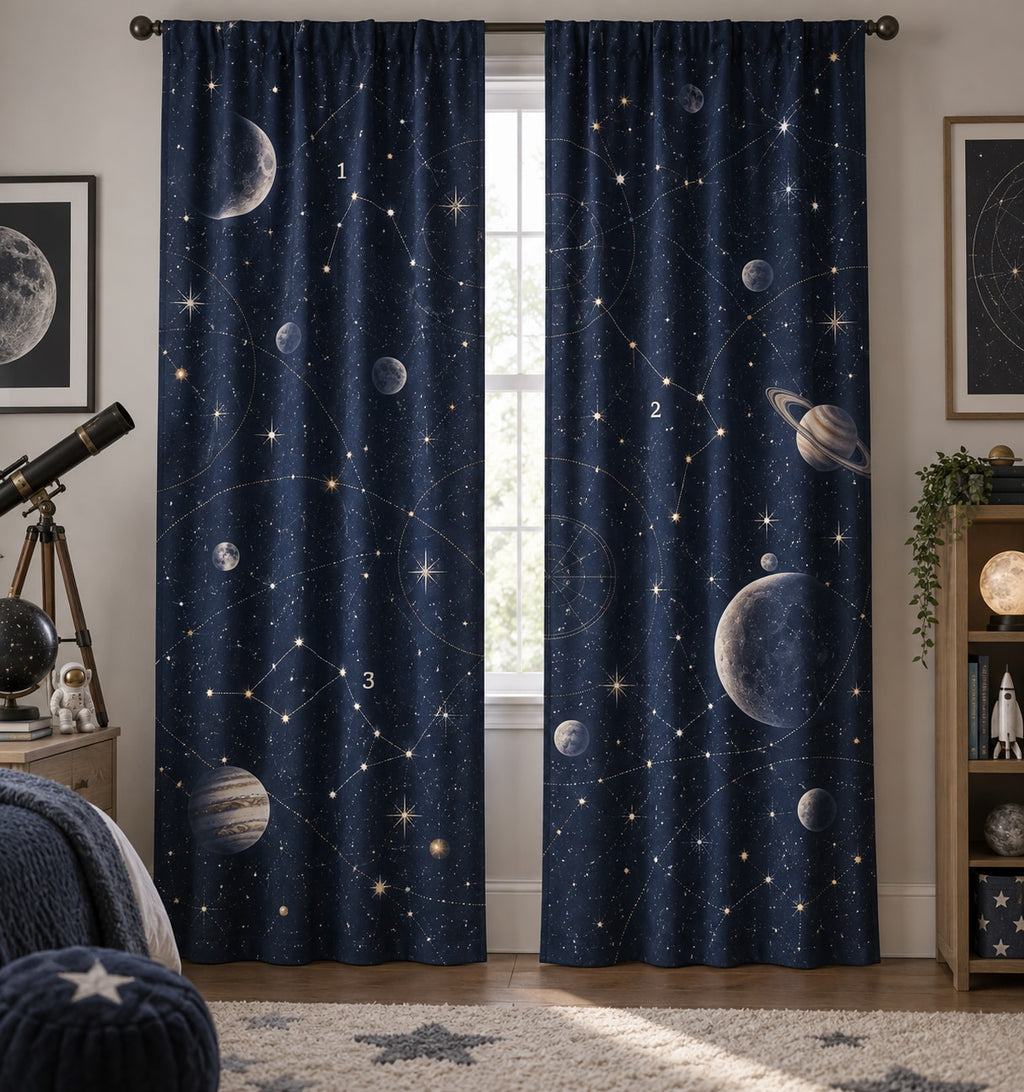 Number Constellation Window Curtain Pair with dimensional printed themed artwork; representative AI-generated mockup.
