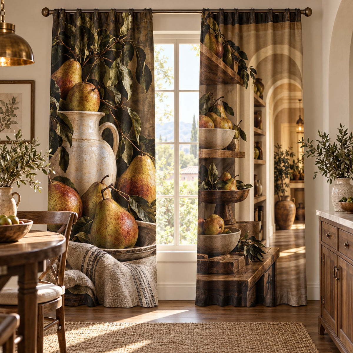 Pear Still Life Window Curtain Pair with dimensional printed themed artwork; representative AI-generated mockup.