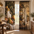 Pear Still Life Window Curtain Pair with dimensional printed themed artwork; representative AI-generated mockup.
