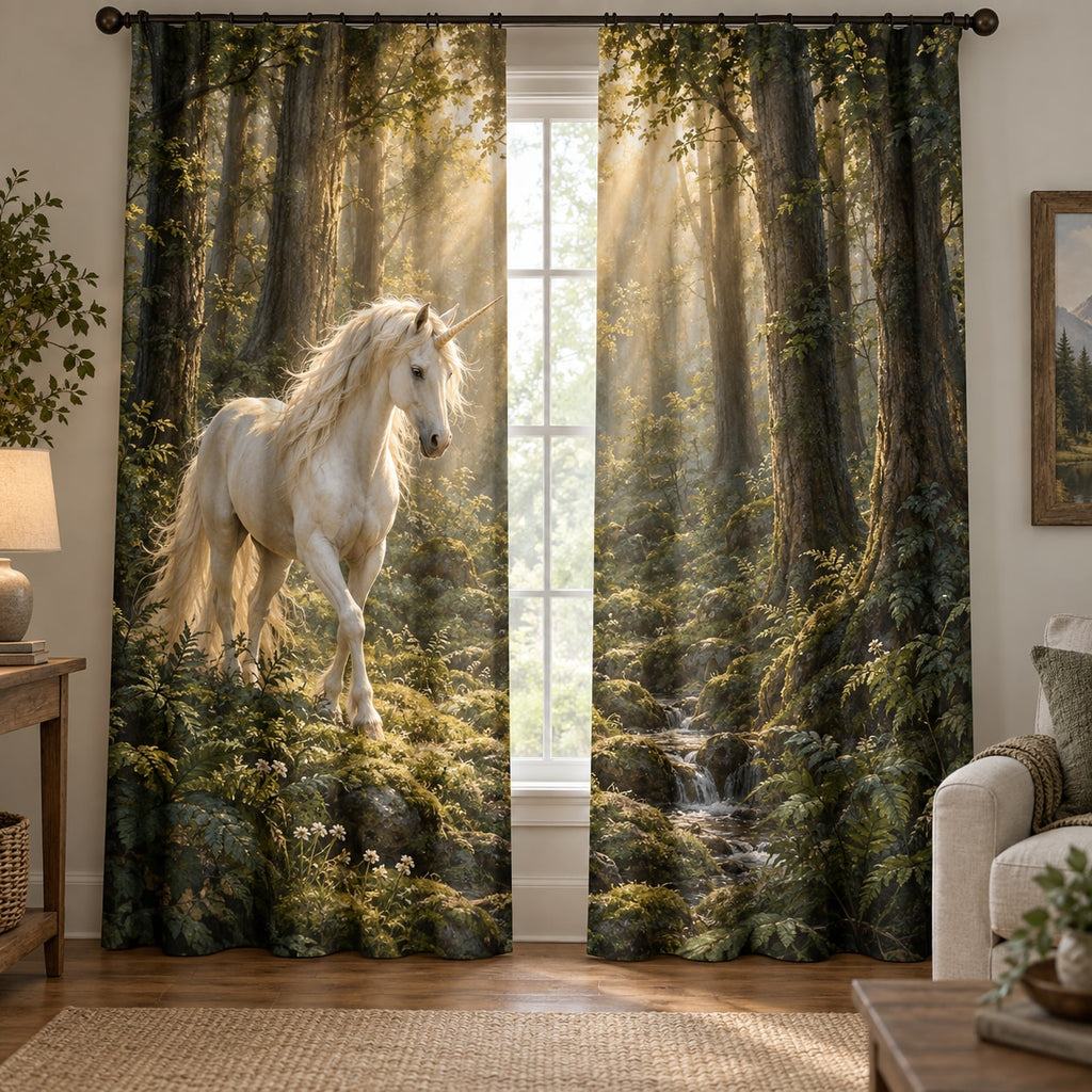 Unicorn Woodland Window Curtain Pair with dimensional printed themed artwork; representative AI-generated mockup.