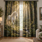 Unicorn Woodland Window Curtain Pair with dimensional printed themed artwork; representative AI-generated mockup.
