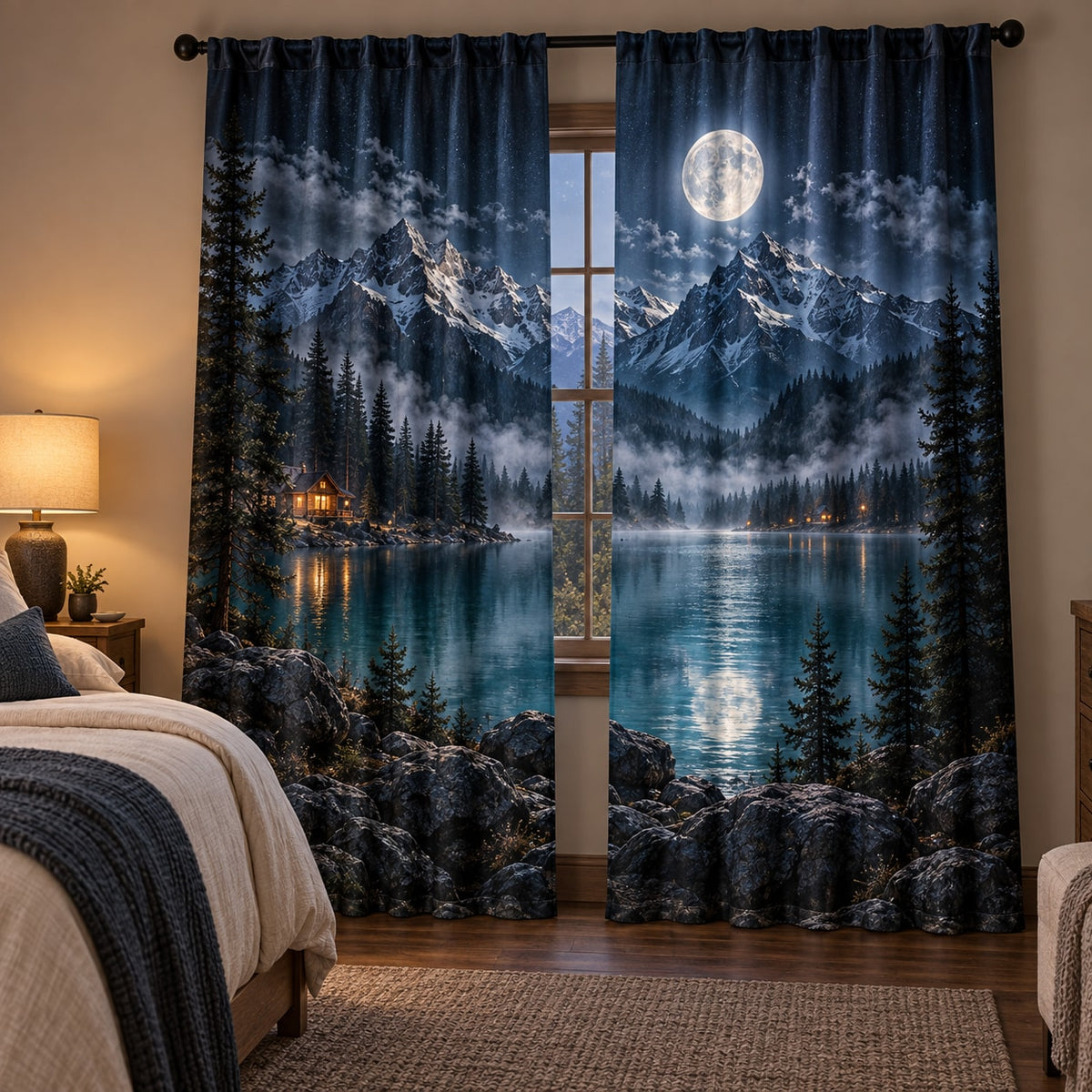 Moon Mountain Landscape Window Curtain Pair with dimensional printed themed artwork; representative AI-generated mockup.