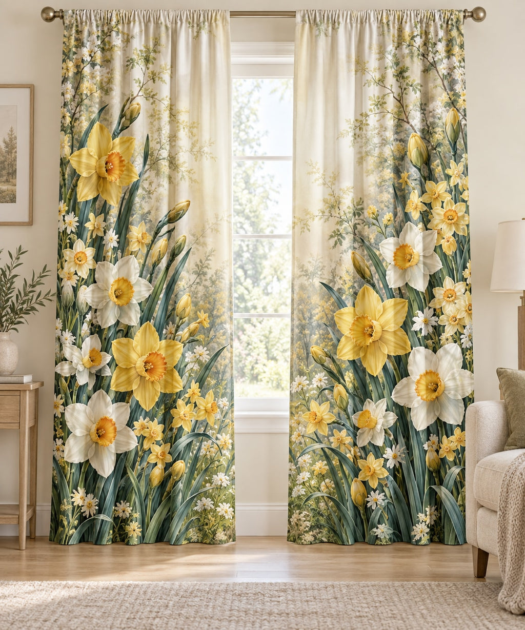Daffodil and Jonquil Window Curtain Pair with dimensional printed themed artwork; representative AI-generated mockup.