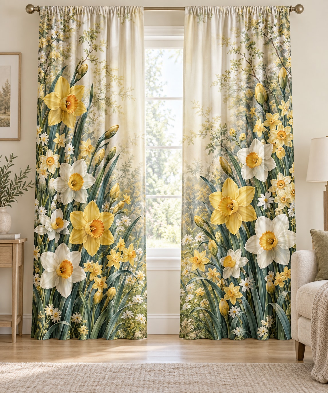 Daffodil and Jonquil Window Curtain Pair with dimensional printed themed artwork; representative AI-generated mockup.