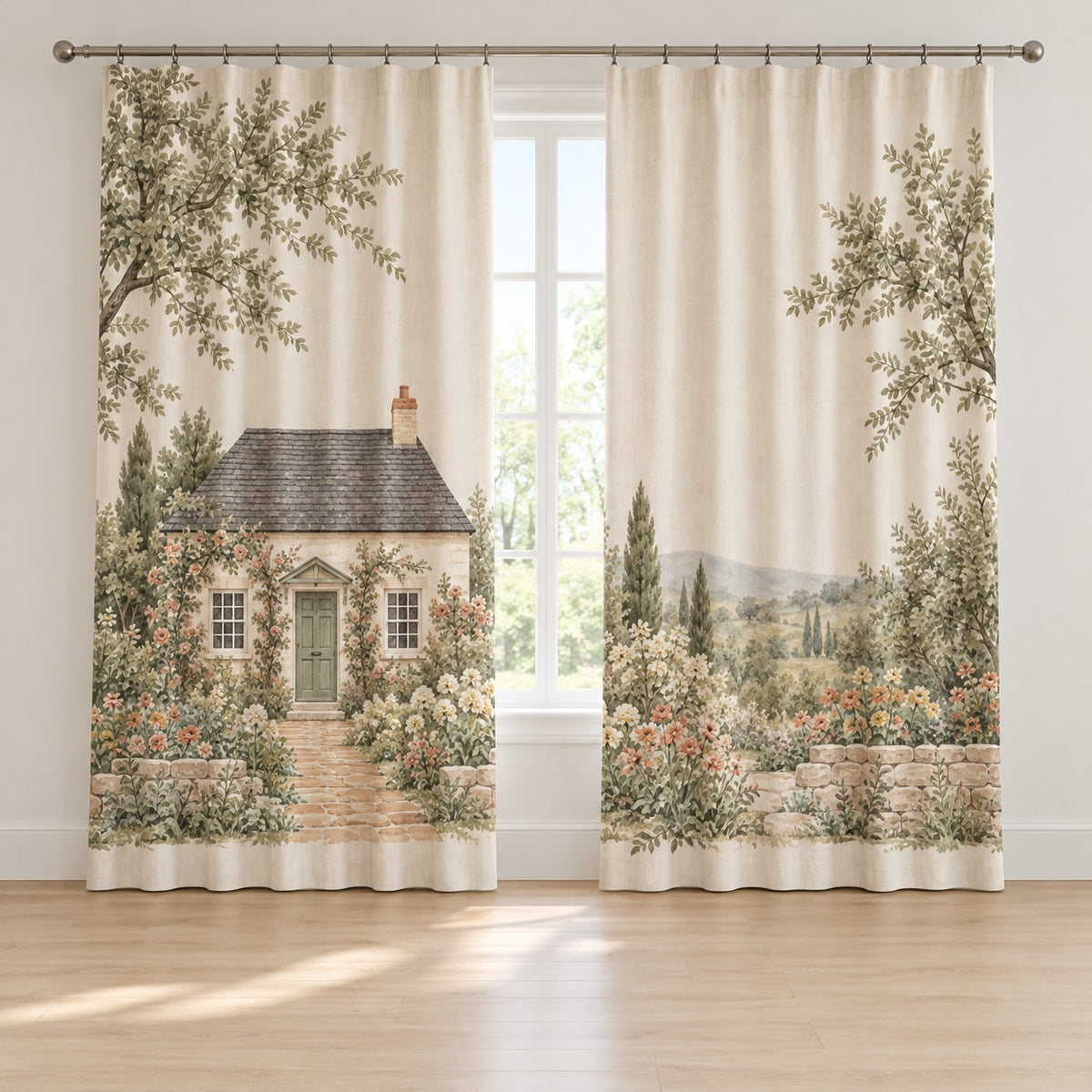 Cottage Garden House Portrait Window Curtain Pair with dimensional printed themed artwork; representative AI-generated mockup.