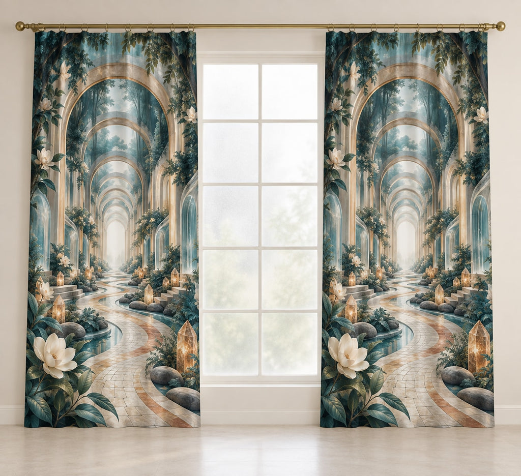 Empathy Pathway Sanctuary Window Curtain Pair with dimensional printed themed artwork; representative AI-generated mockup.