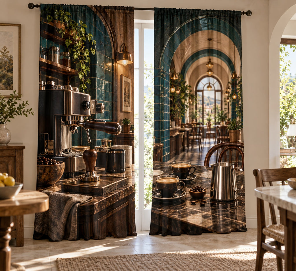 Espresso Corner Window Curtain Pair with dimensional printed themed artwork; representative AI-generated mockup.