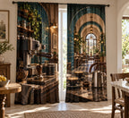 Espresso Corner Window Curtain Pair with dimensional printed themed artwork; representative AI-generated mockup.