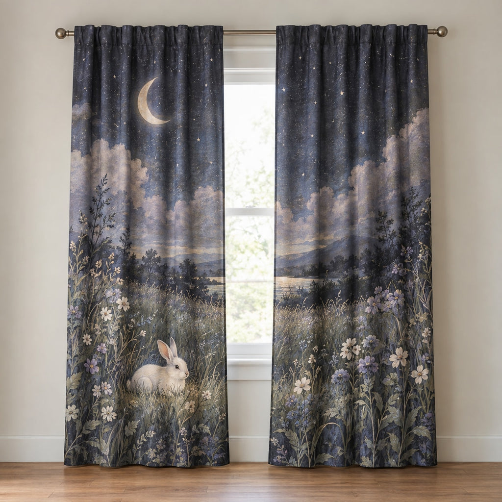 Bunny Moon Meadow Window Curtain Pair with dimensional printed themed artwork; representative AI-generated mockup.