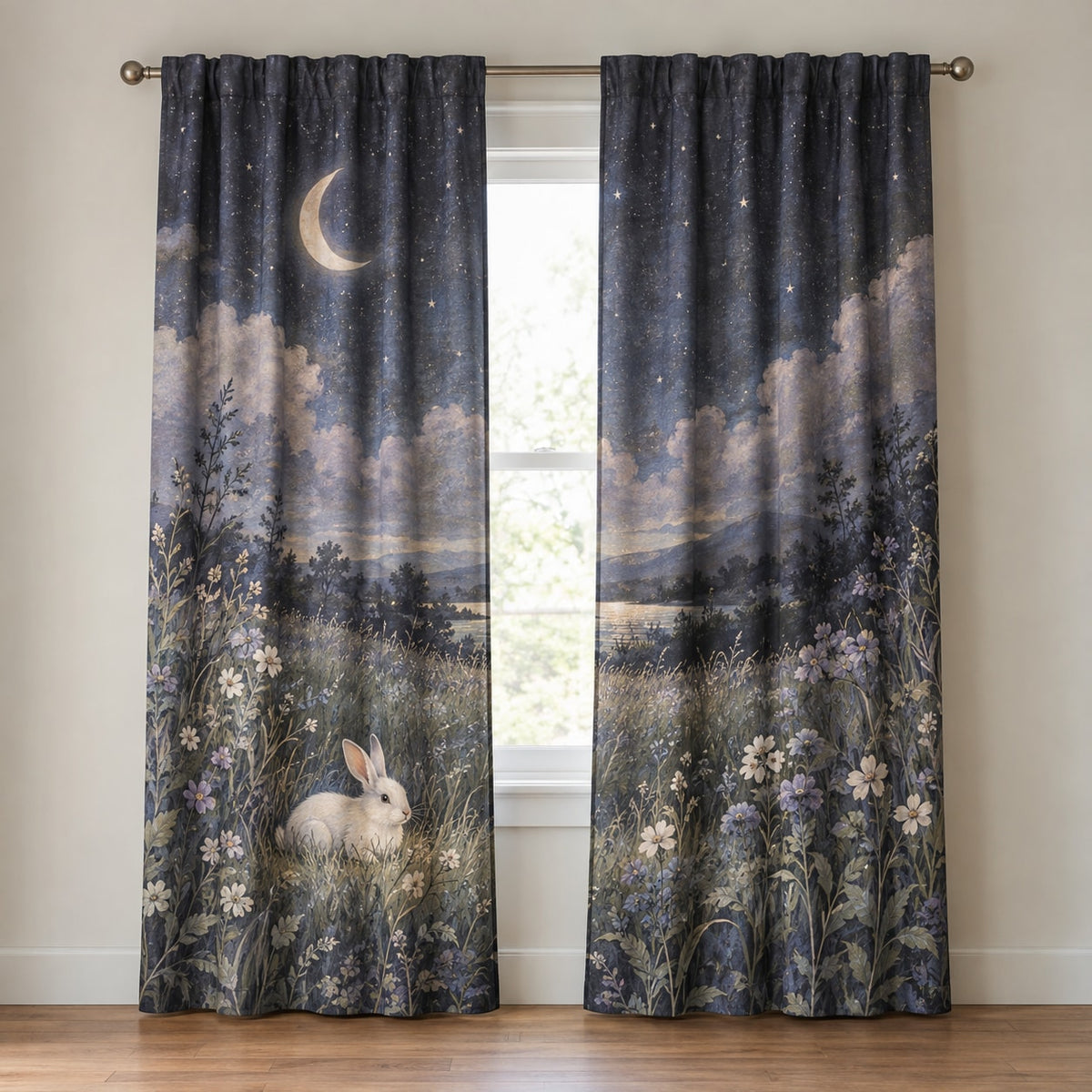 Bunny Moon Meadow Window Curtain Pair with dimensional printed themed artwork; representative AI-generated mockup.