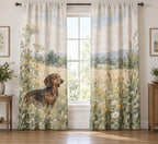 Dachshund Window Curtain Pair with dimensional printed themed artwork; representative AI-generated mockup.