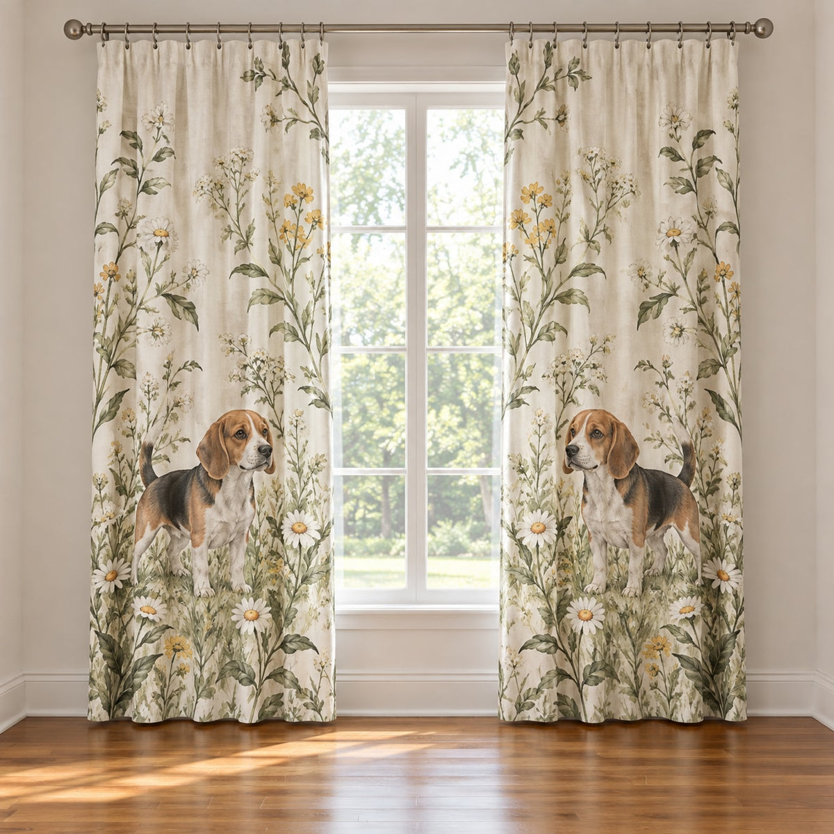 Beagle Window Curtain Pair with dimensional printed themed artwork; representative AI-generated mockup.