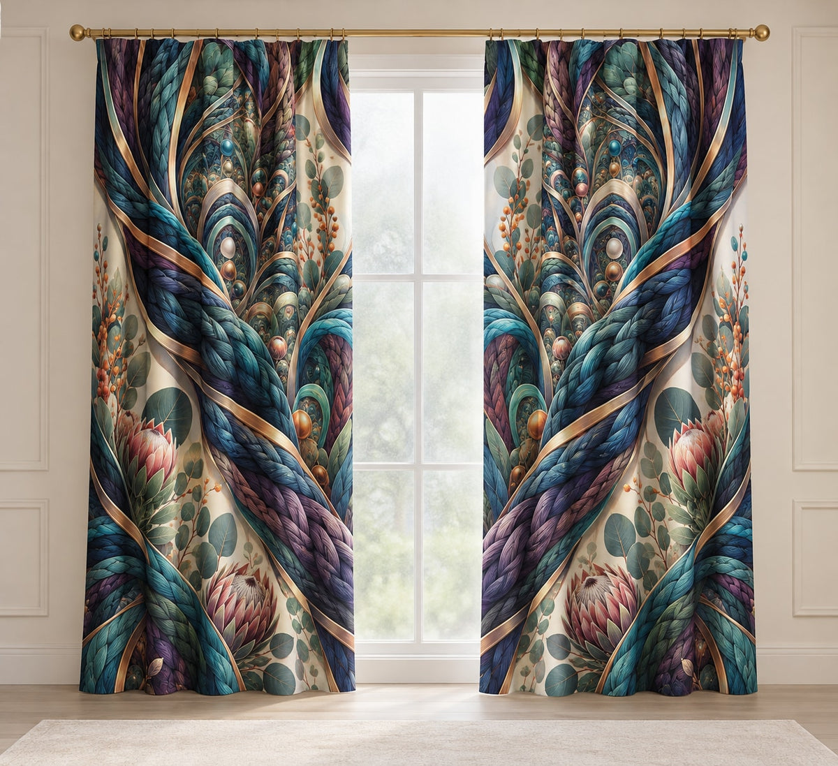 Stitchlight Loom Atrium Window Curtain Pair with dimensional printed themed artwork; representative AI-generated mockup.