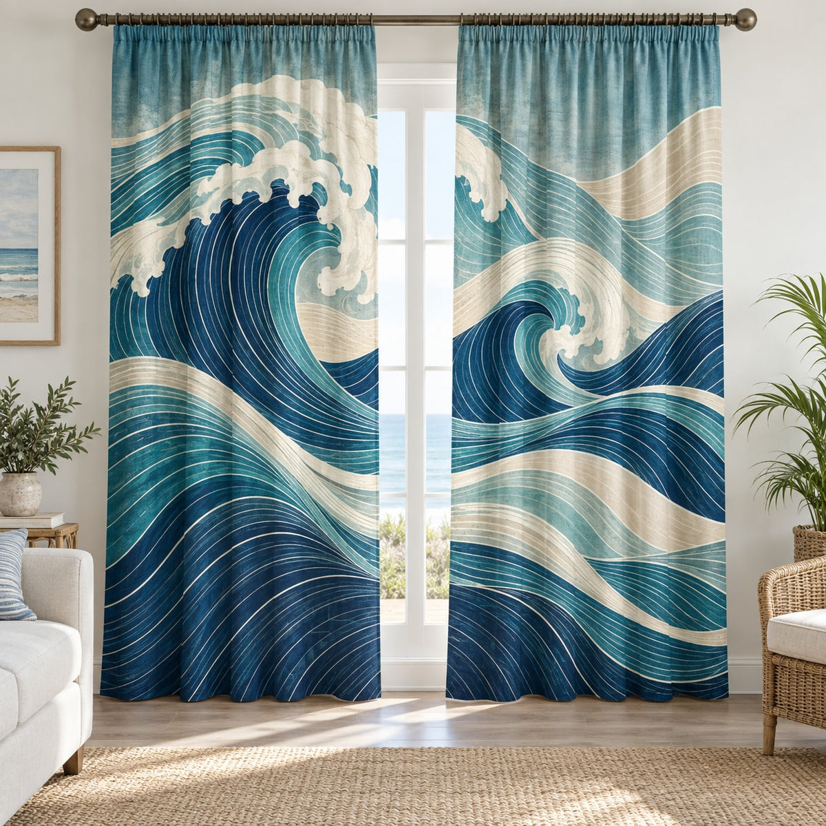 Ocean Wave Linework Window Curtain Pair with dimensional printed themed artwork; representative AI-generated mockup.