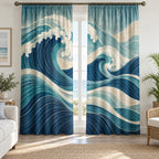 Ocean Wave Linework Window Curtain Pair with dimensional printed themed artwork; representative AI-generated mockup.