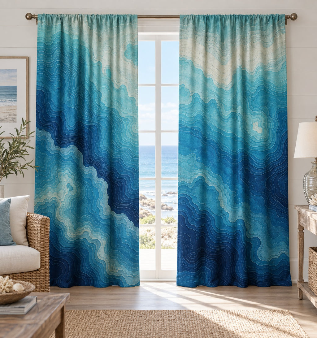 Ocean Depth Contours Window Curtain Pair with dimensional printed themed artwork; representative AI-generated mockup.