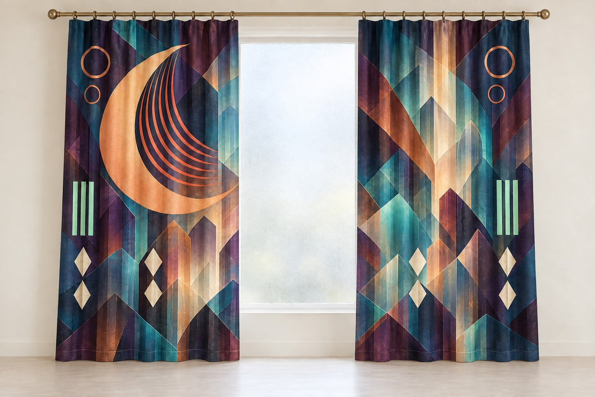 Croissant Dawn Parallax Window Curtain Pair with dimensional printed themed artwork; representative AI-generated mockup.