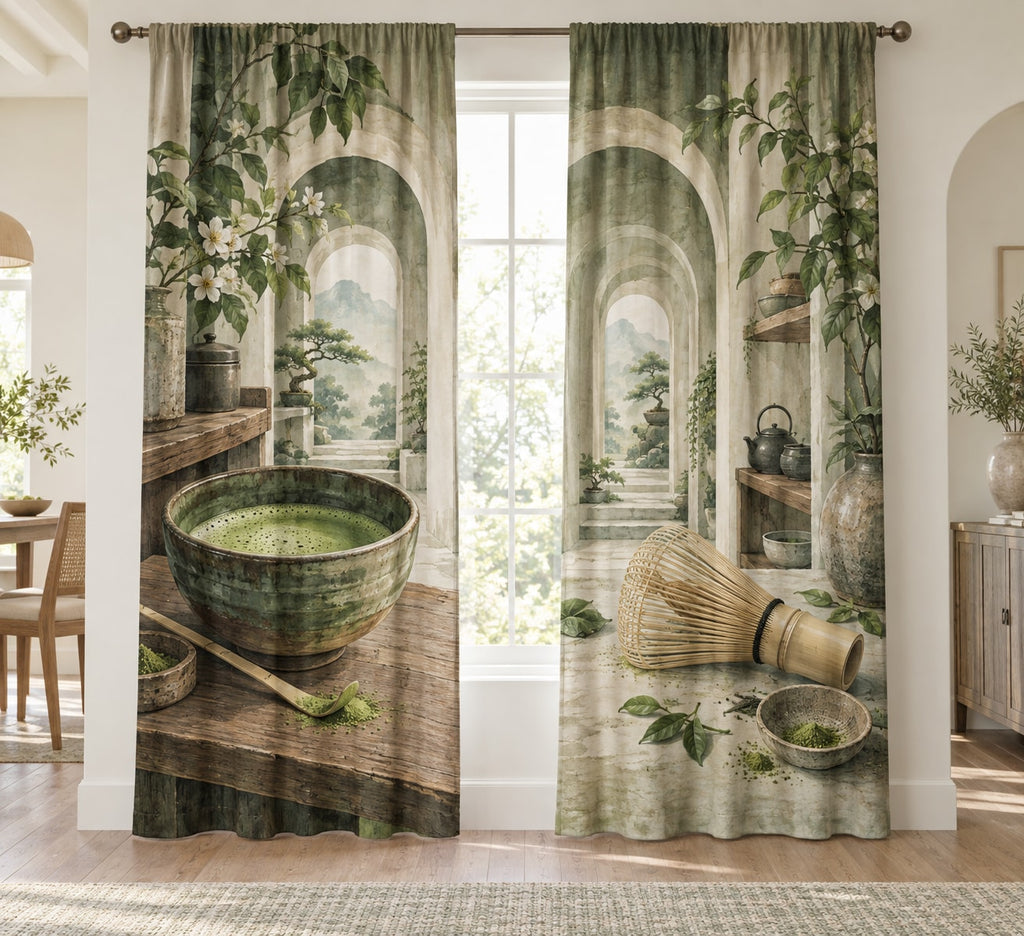 Matcha Ritual Window Curtain Pair with dimensional printed themed artwork; representative AI-generated mockup.