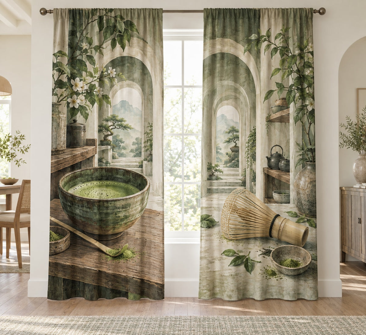 Matcha Ritual Window Curtain Pair with dimensional printed themed artwork; representative AI-generated mockup.