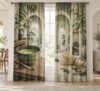 Matcha Ritual Window Curtain Pair with dimensional printed themed artwork; representative AI-generated mockup.