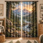 Forest Adventure Map Window Curtain Pair with dimensional printed themed artwork; representative AI-generated mockup.