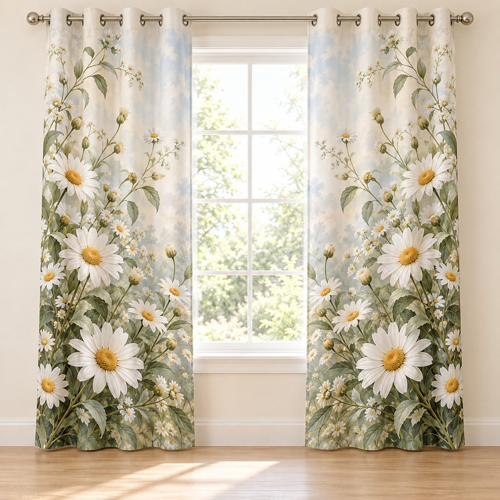Daisy Chain Window Curtain Pair with dimensional printed themed artwork; representative AI-generated mockup.