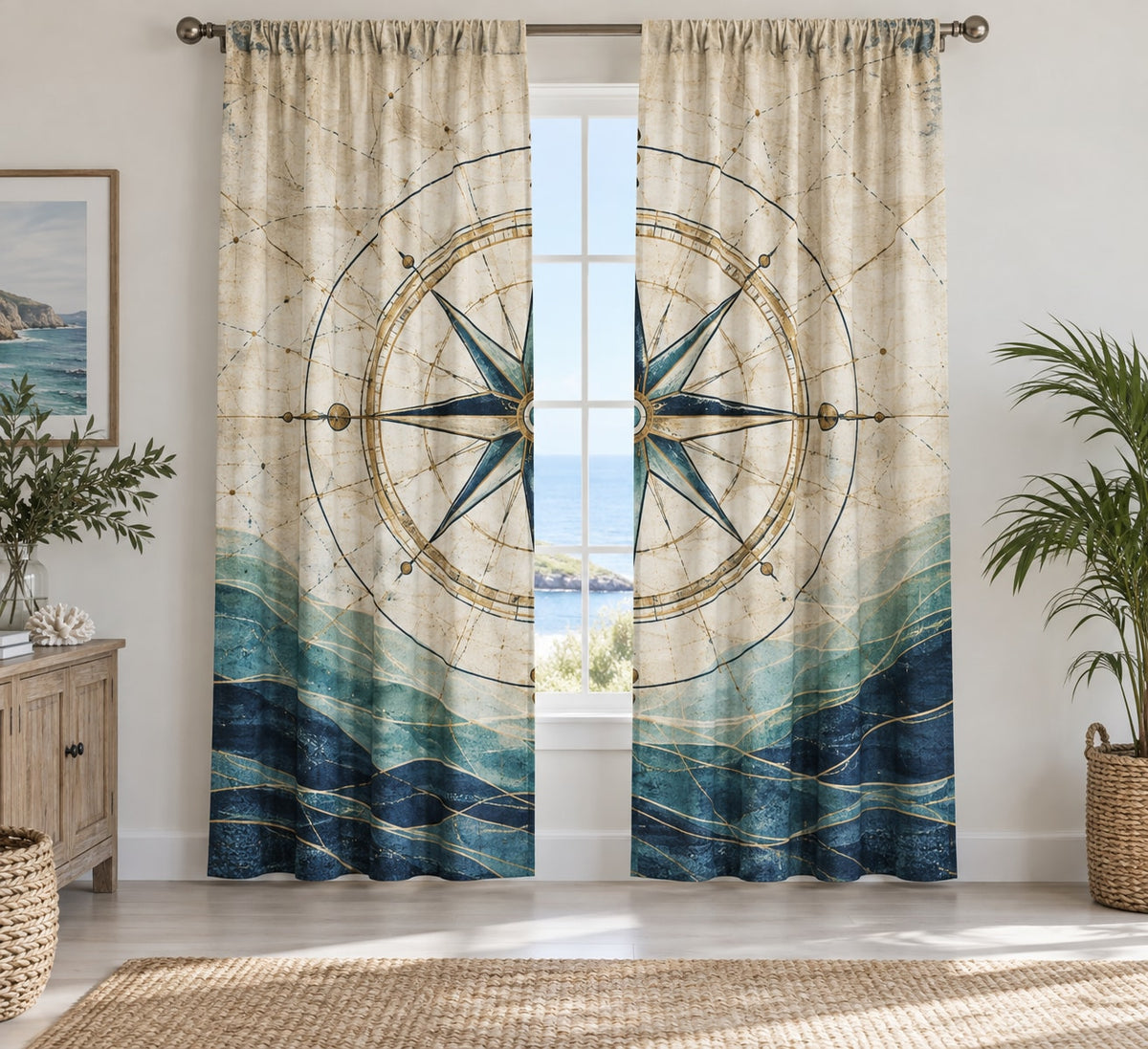 Nautical Compass Window Curtain Pair with dimensional printed themed artwork; representative AI-generated mockup.