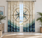 Nautical Compass Window Curtain Pair with dimensional printed themed artwork; representative AI-generated mockup.