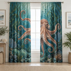 Octopus Garden Window Curtain Pair with dimensional printed themed artwork; representative AI-generated mockup.