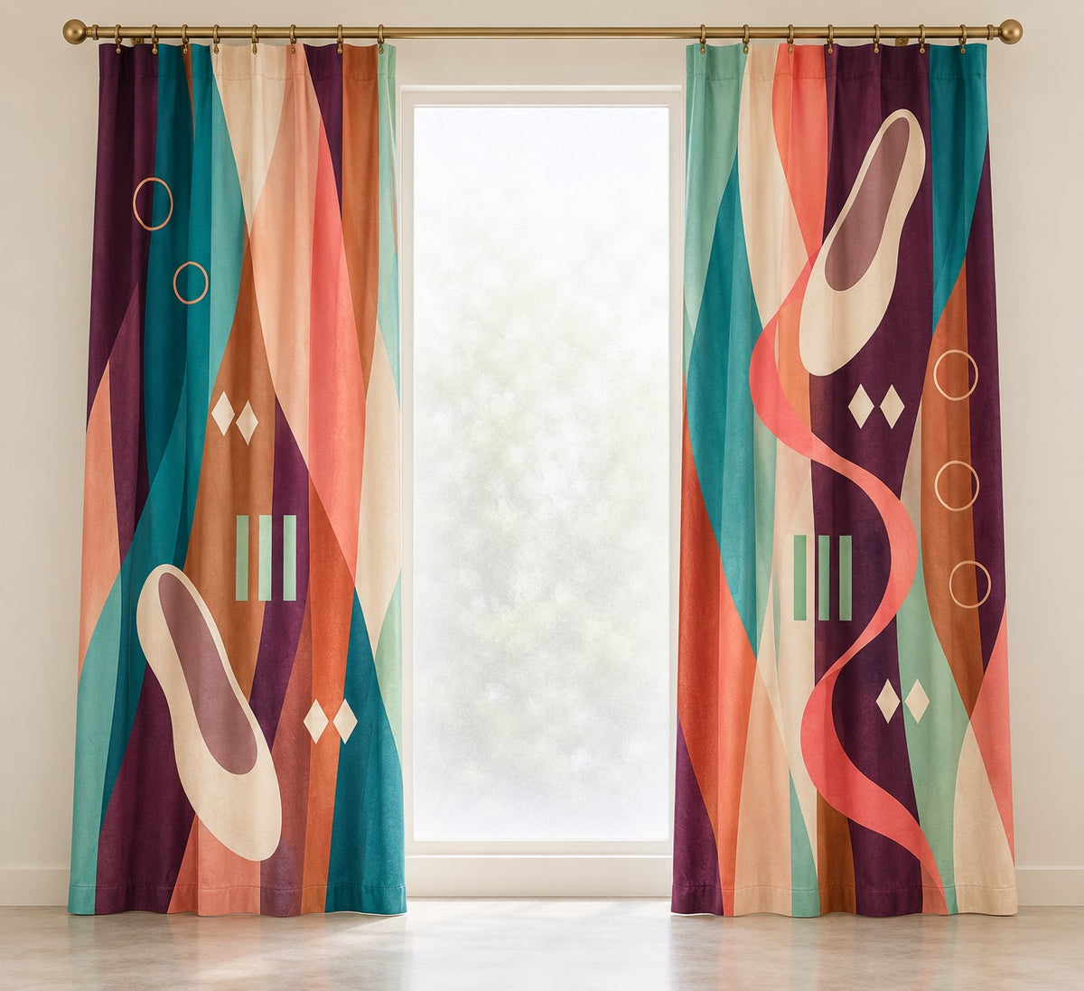 Tempo Lantern Rehearsal Window Curtain Pair with dimensional printed themed artwork; representative AI-generated mockup.