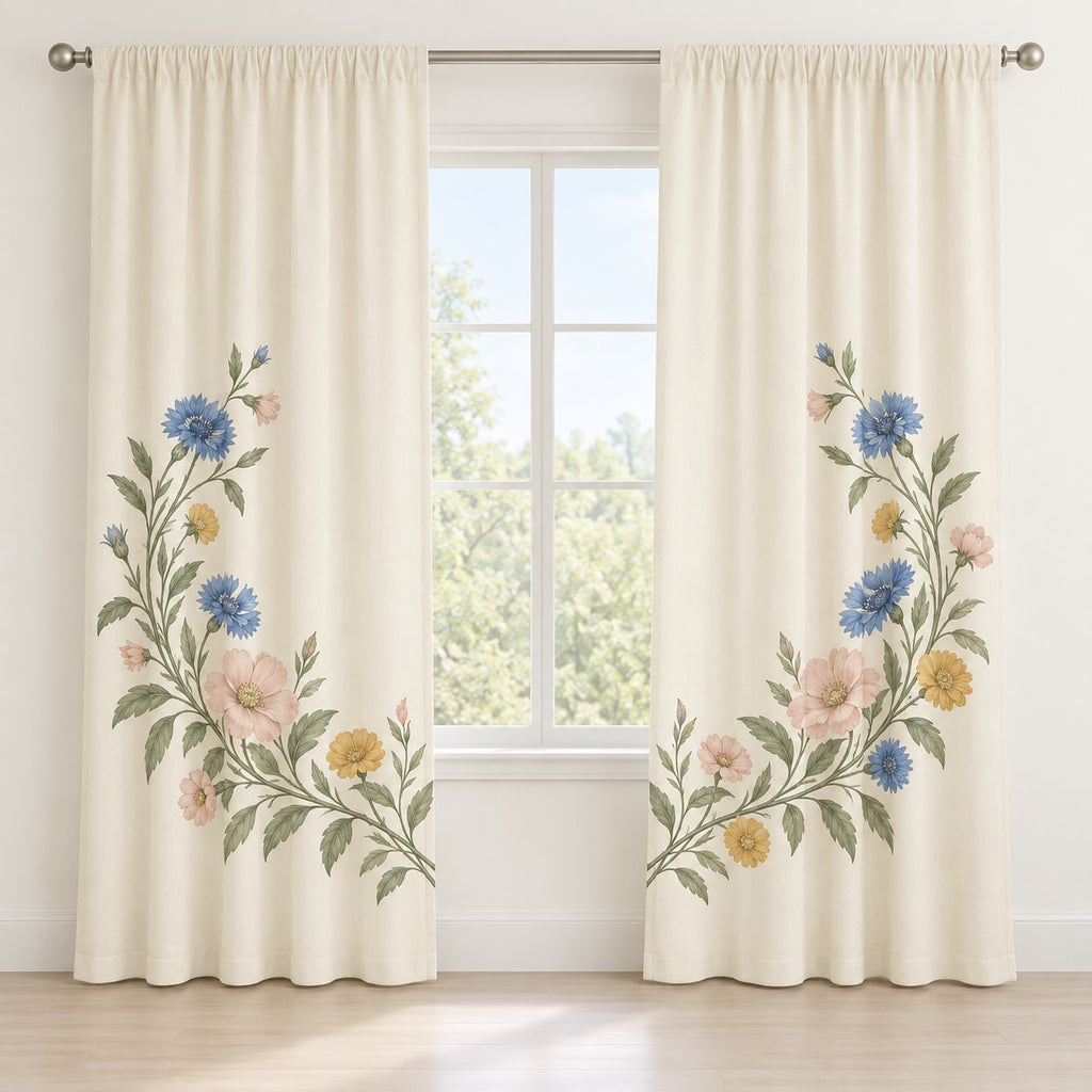 Wildflower Wedding Garden Window Curtain Pair with dimensional printed themed artwork; representative AI-generated mockup.