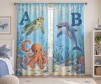 Ocean Animal Alphabet Window Curtain Pair with dimensional printed themed artwork; representative AI-generated mockup.