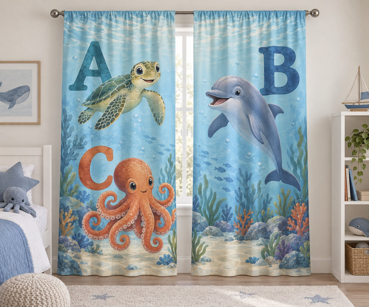 Ocean Animal Alphabet Window Curtain Pair with dimensional printed themed artwork; representative AI-generated mockup.